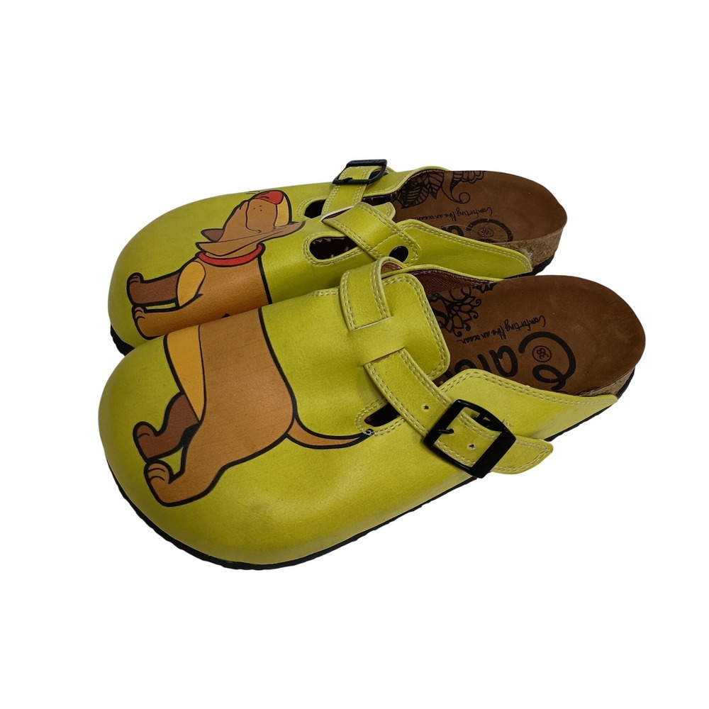 Calceo Dachshund Dog Print Clogs Womens 38 Yellow Leather Comfort Slip On Shoes